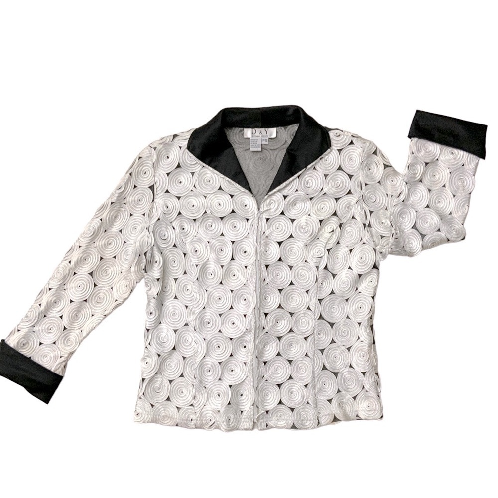 Vintage D&Y Evening Jacket Swirl Ribbon Soutache Top Zip Up White Petite Small